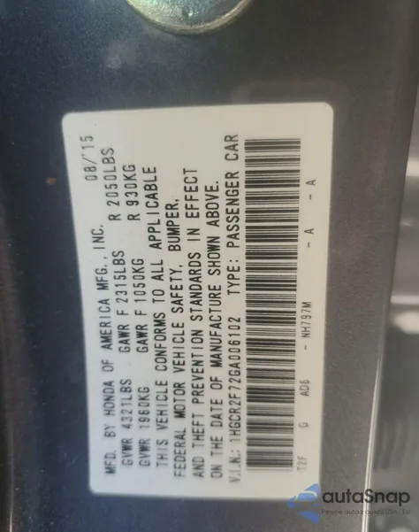 2016 Honda Accord Ex z USA, uszkodzony, nr VIN 1HGCR2F72GA006102